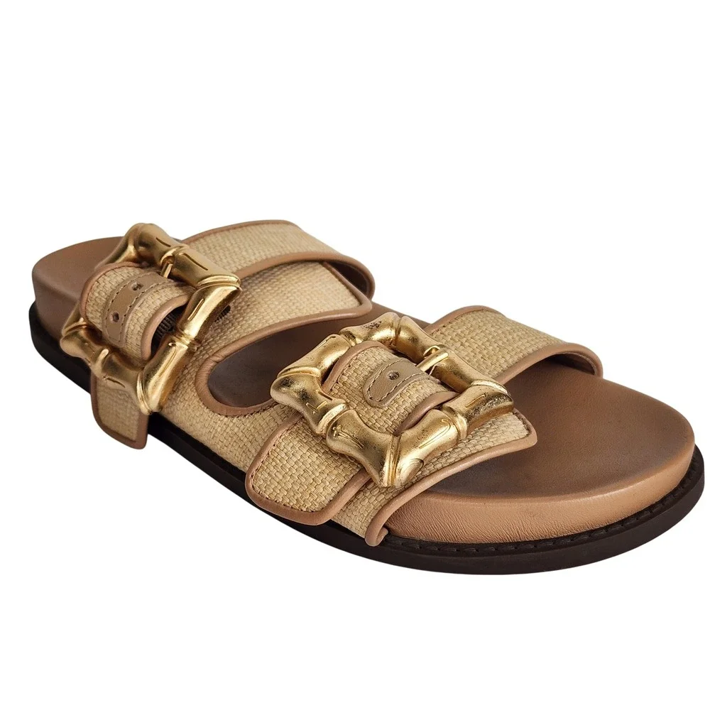 Schutz Enola Women 8 Raffia Double Strap Slide Sandals Gold Bamboo Buckle Tan